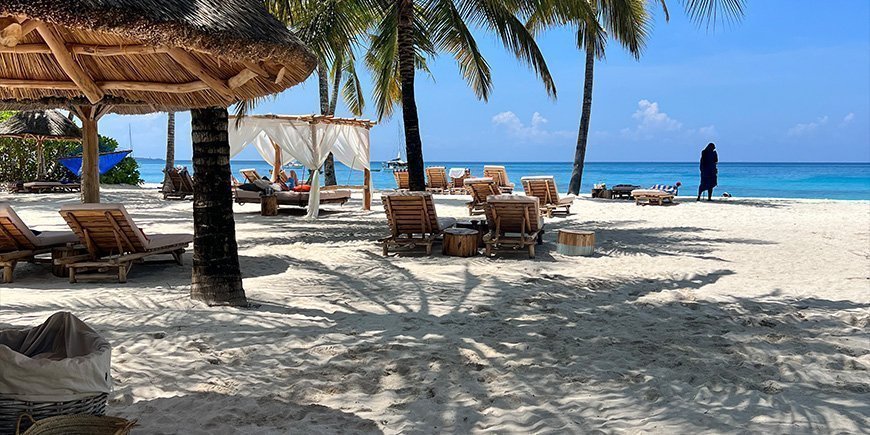 Tropisk strand og strandstoler på Zanzibar