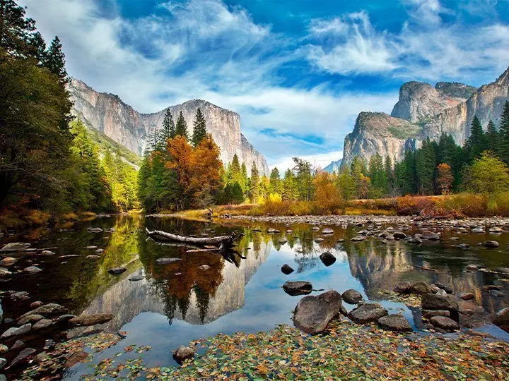 El Capitan og Merced River i Yosemite nasjonalpark dekket av høstfarger